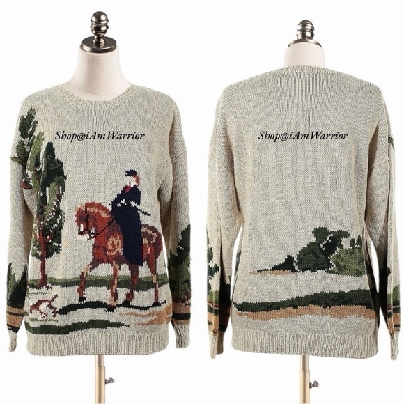 RARE vintage intarsia equestrian hunter with dog motif crewneck crewneck sweater - Picture 5 of 11